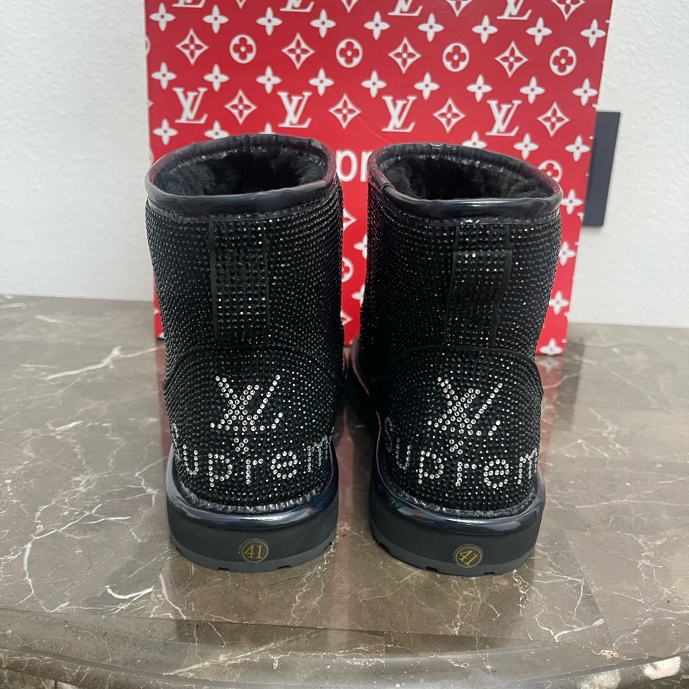 Women’s Size Euro 41 LV Supreme Black Snow Boots with Crystal Rhinestones